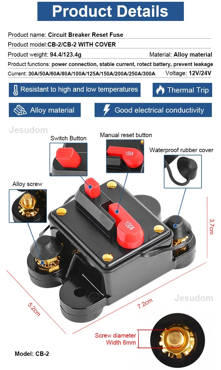 Description Picture 5 of item30A to 300A Circuit Breaker with Manual Reset for Car Audio System Waterproof Marine Circuit Breaker Reset Fuse 12V- 24V DC 30A