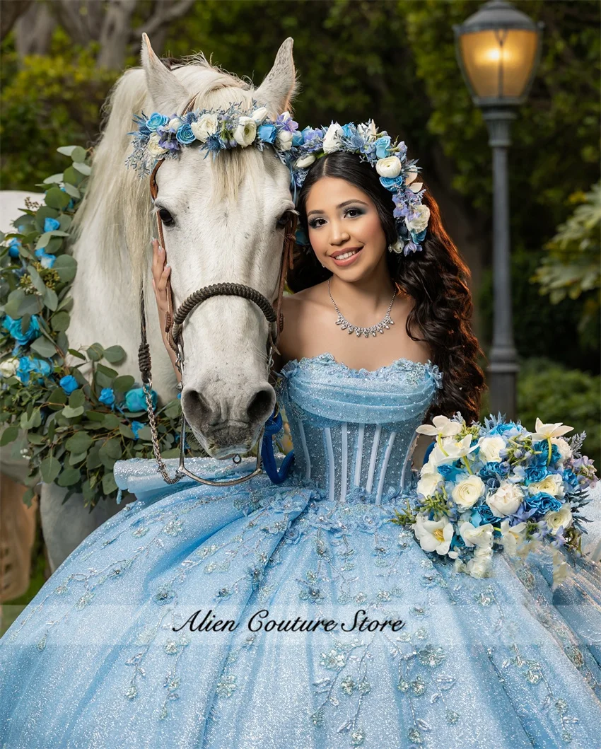 Sky Blue Ball Gown Quinceanera Dresses Pearls Flowers Beaded Appliques Sweet 16 Dress Vestidos De 15 Años 2025 Customized 4