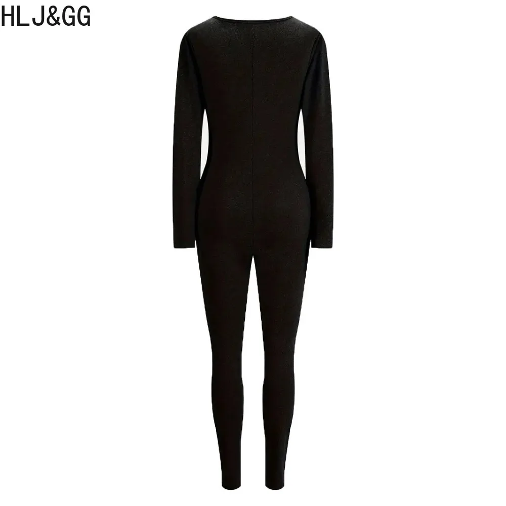 HLJ&GG Casual Solid Sporty Jumpsuits Women Deep V Long Sleeve Slim Zipper Playsuits Spring New Female Bodycon One Piece Overalls