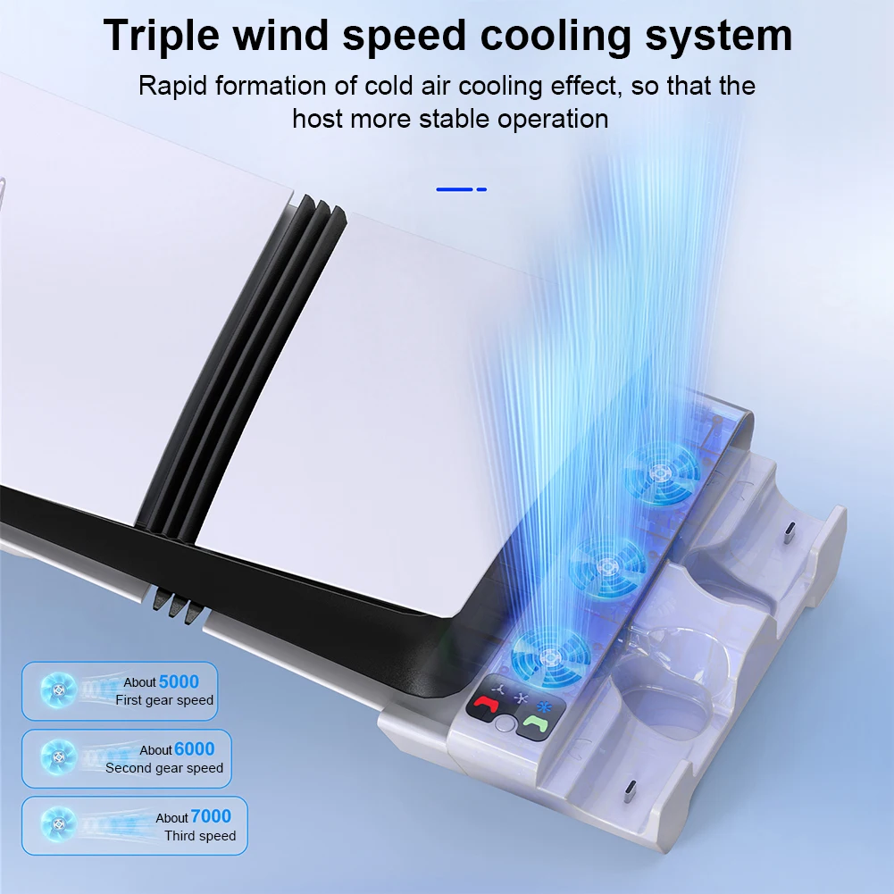 2 Controller Charger with 3-Level Cooling Fan Horizontal Cooling Stand Base Holder with Controller Charging for PS5 Slim/PS5 Pro