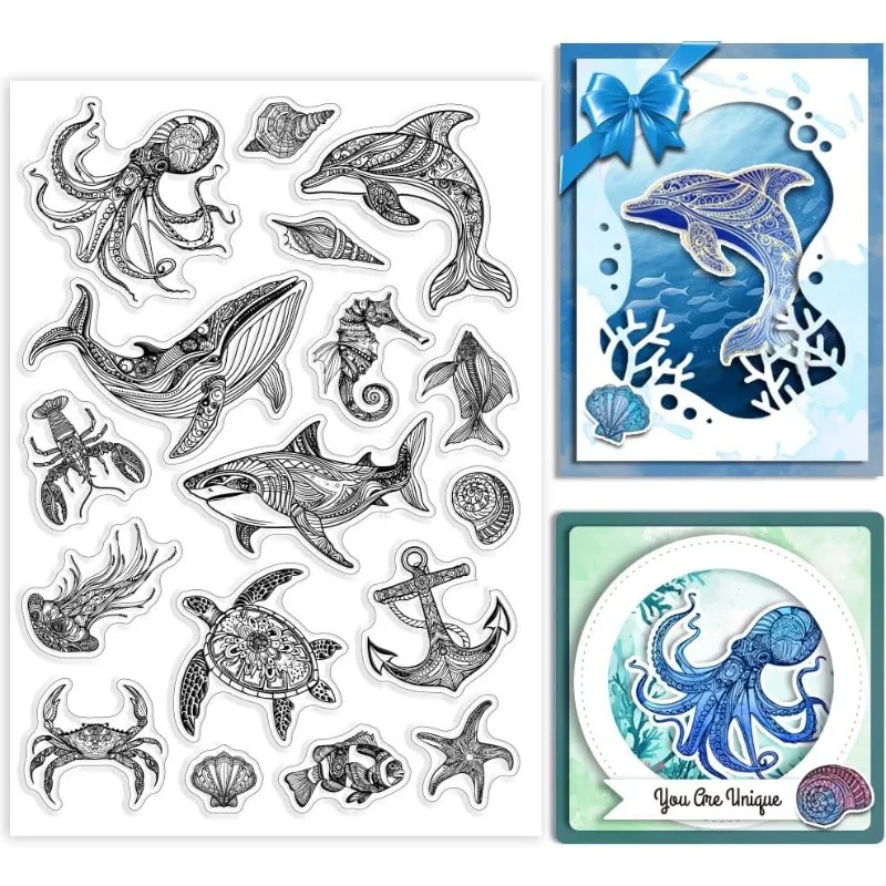 1Sheet Ocean Life Clear Stamps Marine Whales Silicone Clear Stamp Seals 21x14.8 cm Sea Turtle Sharks Lobsters Pattern