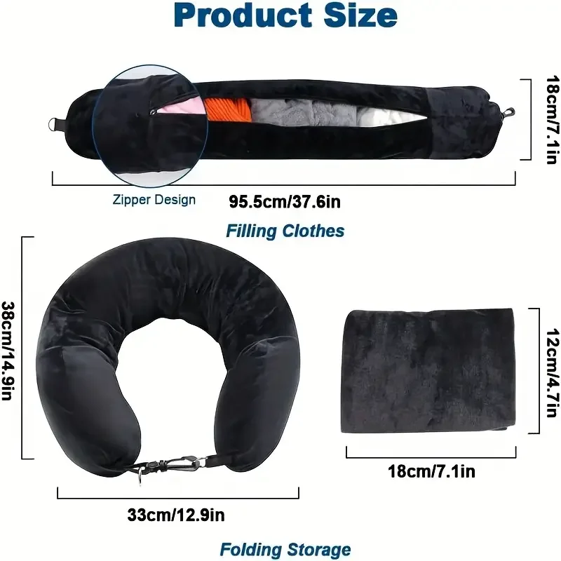 Travel Neck Pillow with Fillable Clothing U-Shaped Pillowcase, Extra Storage Bag, Soft Fleece Material Velvet Neck Pillow