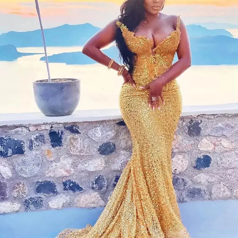 

Luxury Female Plus Size Gold Mermaid Prom Dresses Beaded Crystals Strapless Glitter Sequins Evening Formal Party Gowns