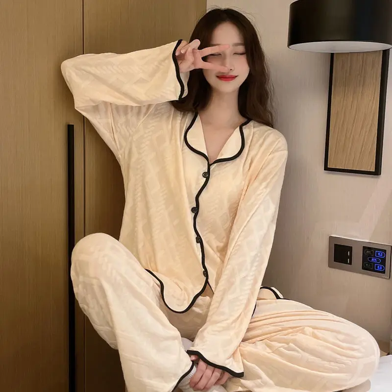 

2024 Pure Cotton Pajamas Spring Autumn Women Long Sleeve High Sense Homewear Female Casual Solid Color Simple Nightclothes Suit