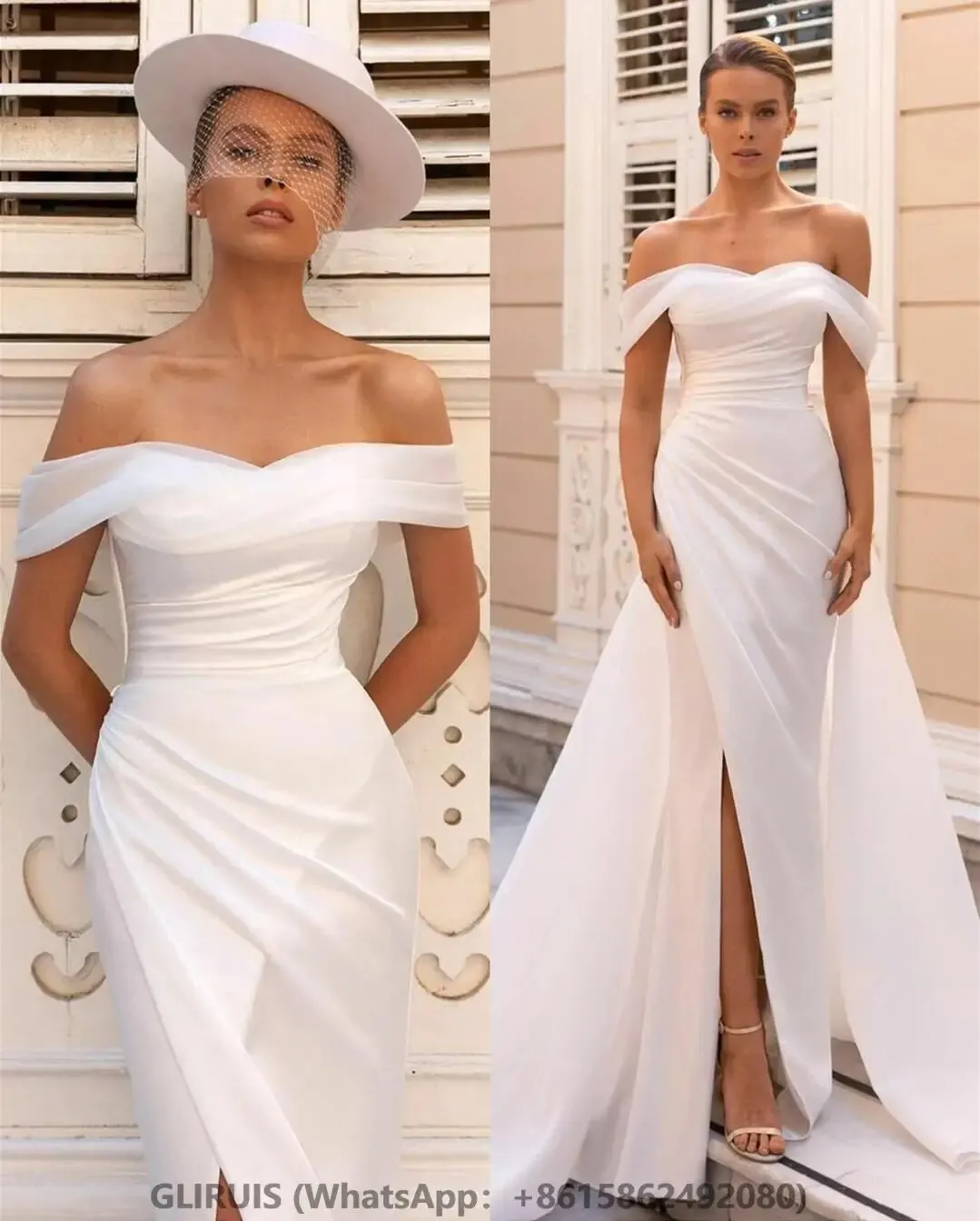 

Off Shoulder Mermaid Wedding Dresses White Satin Bridal Gown Robes de mariée Robe de mariée with Slit