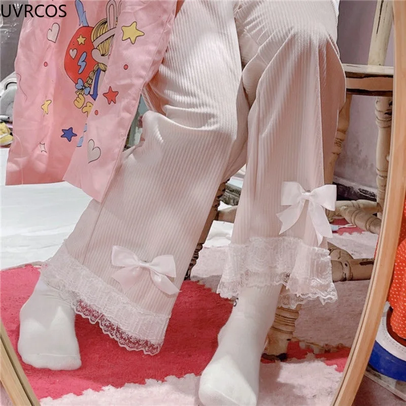 Japanese Lolita Women's Kawaii High Waist Corduroy Pants Sweet Bow Lace Wide Leg Pants Girly Vintage Clothing Loose Cute Trouser
