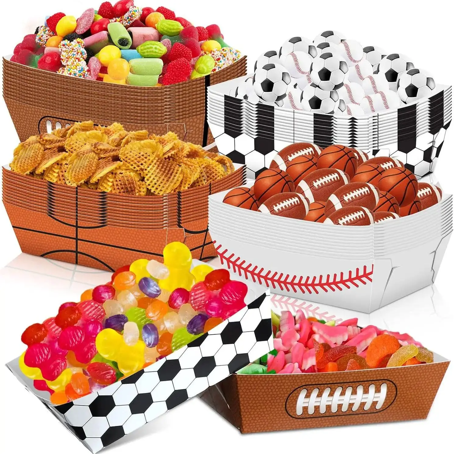 Sports Themed Party Snack Trays - Disposable Paper Food Boats for Soccer Rugby Football Baseball and Basketball Celebrations