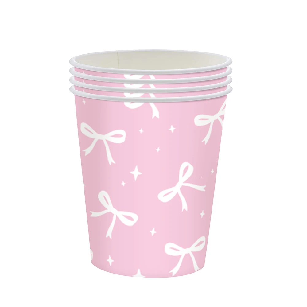 Elegant Pink and White Bow Disposable Paper Cups - Party and Celebration Decor Set (10/20/30/50 Pieces)