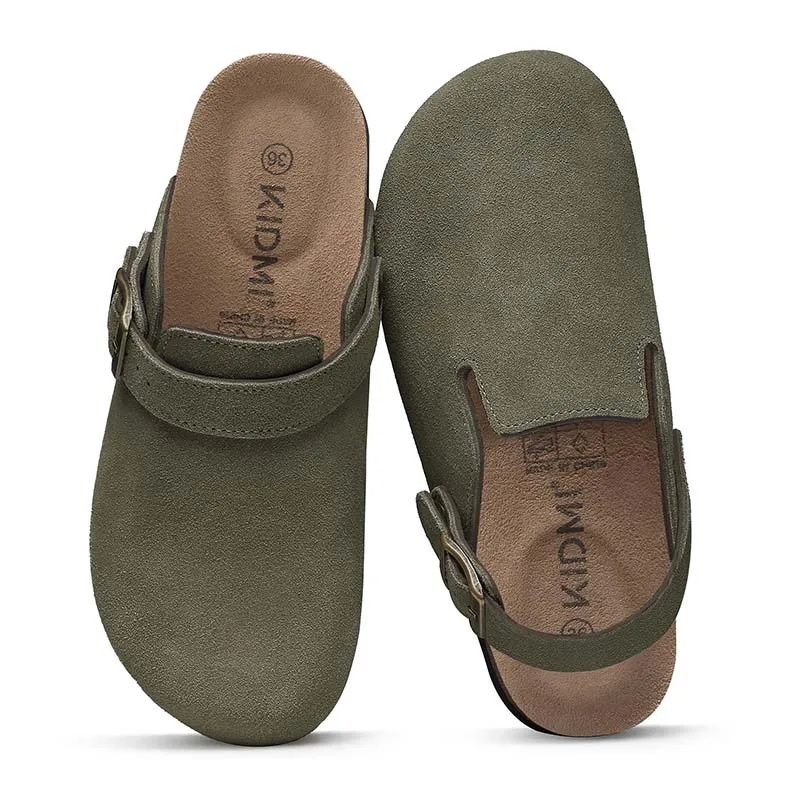 Women's Suede Clogs with Adjustable Strap and Cork Footbed