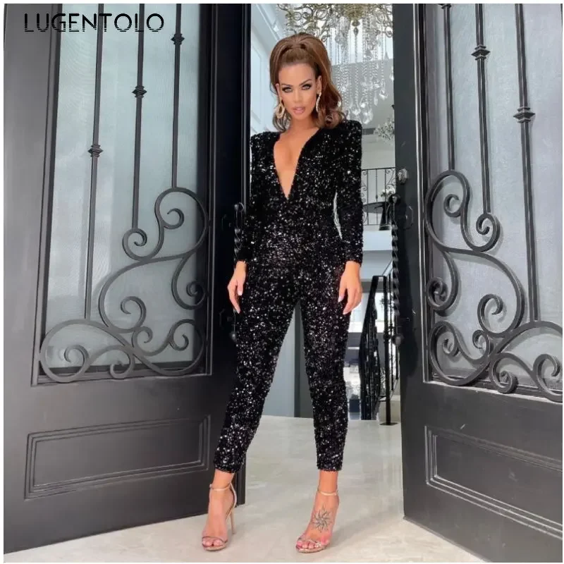 

Lugentolo Sexy Jumpsuit Women Long Sleeve V-neck Sequins Black Skinny Party Female Fashion High Waist Jumpsuits
