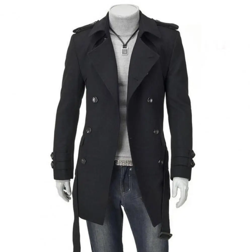 

Men Fall Winter Trench Coat Long Sleeve Solid Color Lapel Double-breasted Belted Notch Collar Mid Length Men Jacket Windbreaker