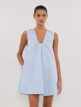 Marthaqiqi Cotton Women Nightwear Sexy V-Neck Sleepwear Sleeveless Pyjamas Tank Top Pajamas Casual Mini Dress Loose Home Clothes