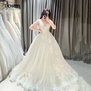 Свадебные платья LORIE с V-образным вырезом, пышное Тюлевое платье без рукавов с аппликацией для невесты, элегантное блестящее скромное свадебное платье для невесты, 2024