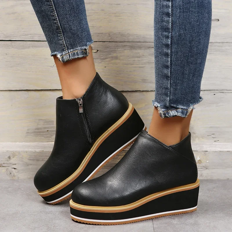 Women's Autumn Boots Round Toe Comfortable Platform Shoes Non-Slip Casual Lady Ankle Boots Side Zip Retro Female Mujer Zapatos