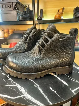 Handmade Retro Style Male Cowhide Round Toe Mid Heel Hard Wearing Ankle Boot Solid Color Thick Genuine Leather Lace-Up Boots