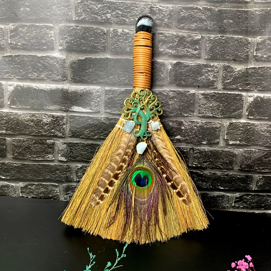 Home decoration model, small accessories, big broom, natural amethyst, life tree, peacock feathers, altar decoration