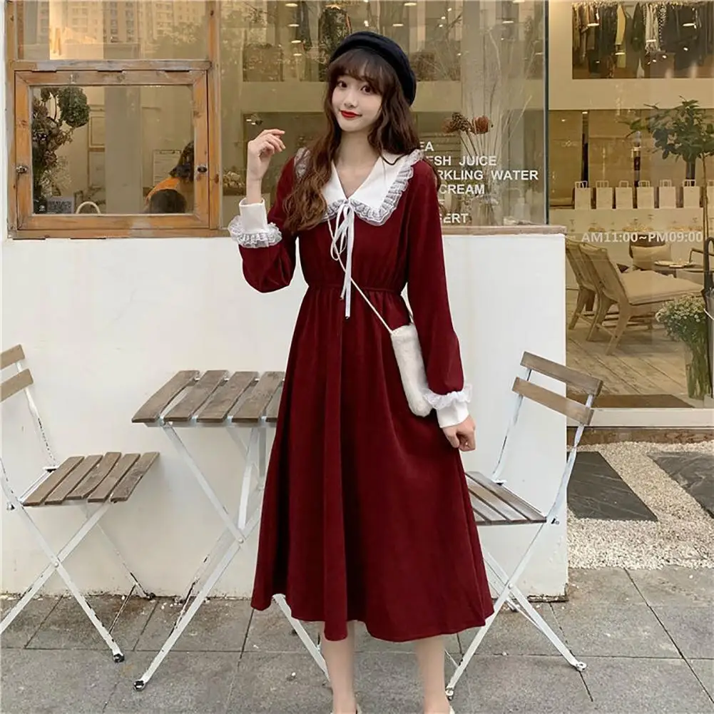 

Hepburn Style Women Dress Autumn Bowknot Christmas Large Lapel Lace Trim Waist Tight Pleated Midi Dress Long Sleeve Tunic Dress