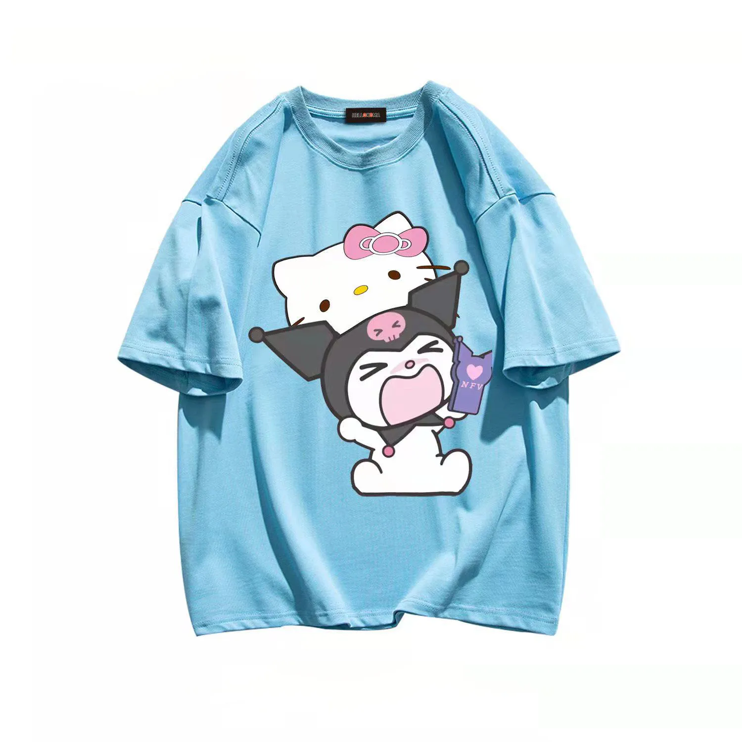 thumbnail image 1 of Camiseta de manga corta de algodón de estilo universitario sencillo para niñas de Hello Kitty, Top holgado con cuello redondo que combina con todo para niños, 1 of 5