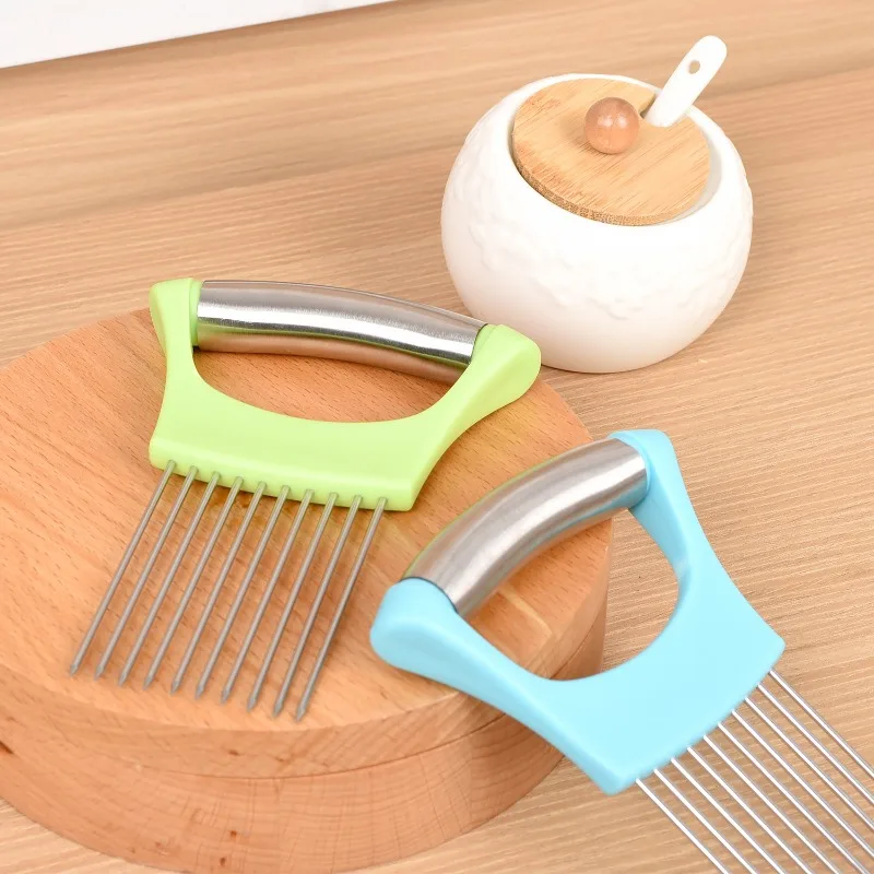 

Stainless Steel Onion Cutter Holder Food Slicers Assistant Tomato Onion Slicer Holder Vegetables Cutting Fork Kitchen Gadgets