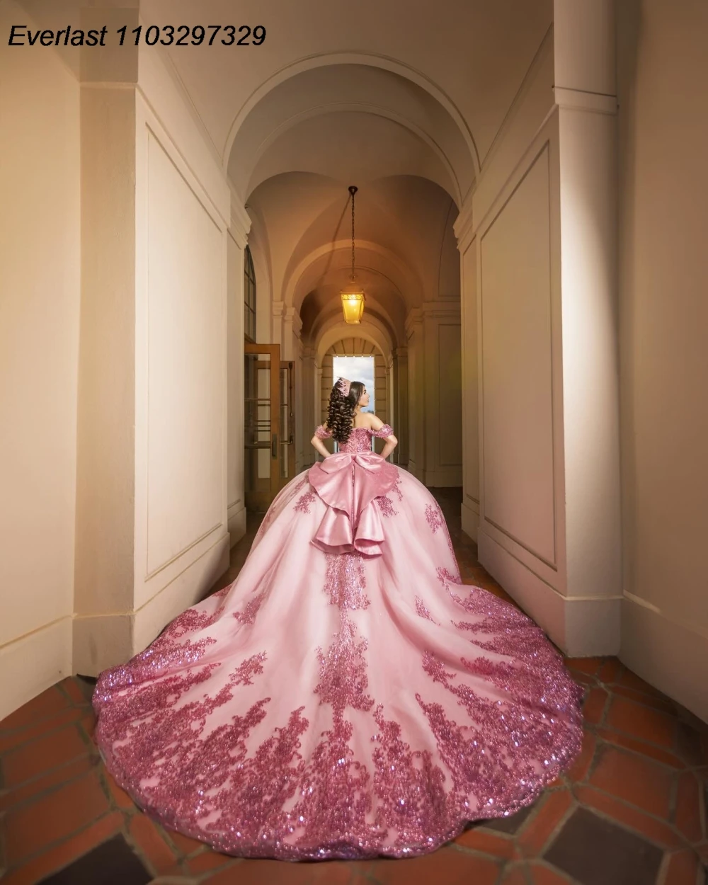 EVLAST Elegant Pink Quinceanera Dress Ball Gown Pink Sequins Lace Applique Beading Bow Corset Sweet 16 Vestido De 15 Anos TQD982