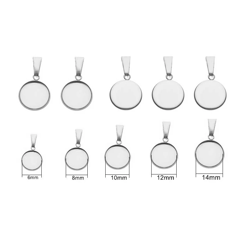 

50pcs/lot 6/8/10/12/14mm Stainless Steel Pendant Cabochon Base Setting With Clasp DIY Bezel Jewelry Making Component Base