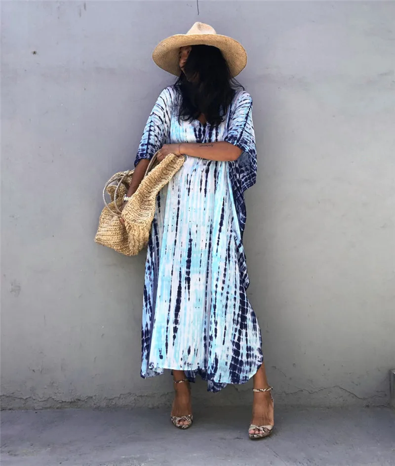 2023Summer Bohemian Striped Print Women Beach Dress Bathing Suit Cover Up Summer Tunic for Woman Beachwear Robe De Plage Kaftan