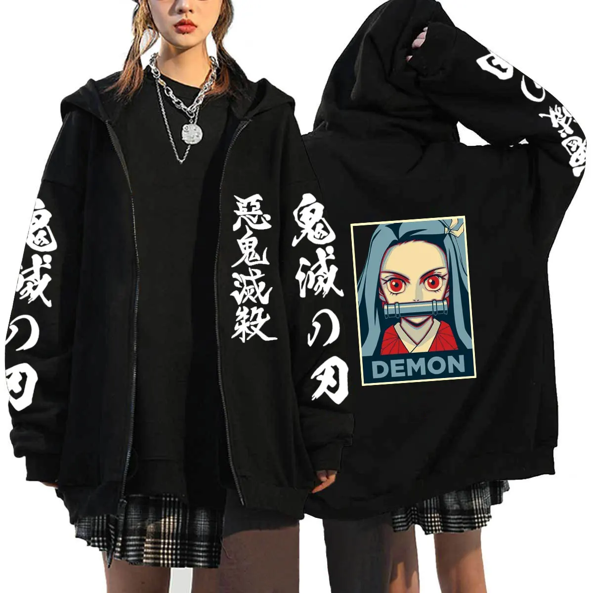 thumbnail image 1 of Demon Slayer-Sudadera con capucha y cremallera para hombre y mujer, abrigo de gran tamaño con cremallera, chaqueta de Anime, 1 of 3