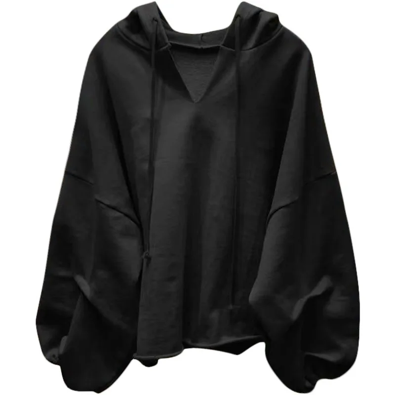 Cotton Sweater Hooded Thin Loose Solid V-neck Top Women Clothing