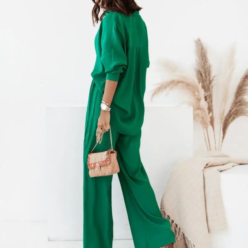 Women's Long Sleeved Shirt and Elastic Waist Pants Set, Professional Shirt, European and American Style, 2 Pcs