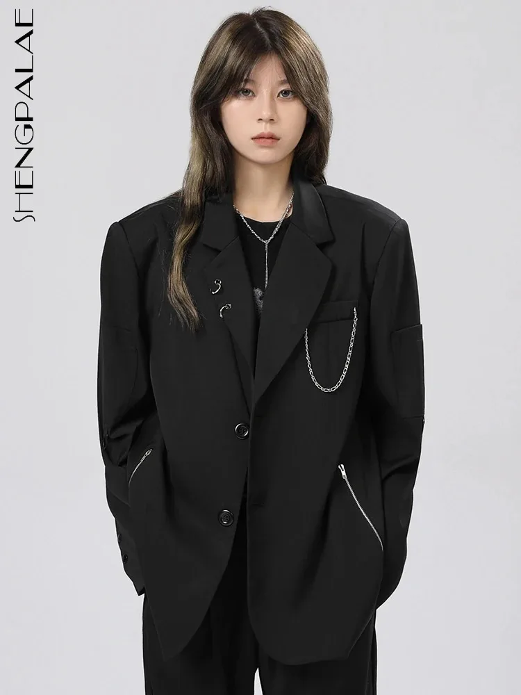 

SHENGPALAE Metal Chain Spliced Blazers For Women Solid Color Niche Design Notched Collar Loose Suit Jacket Spring 2024 New R8694