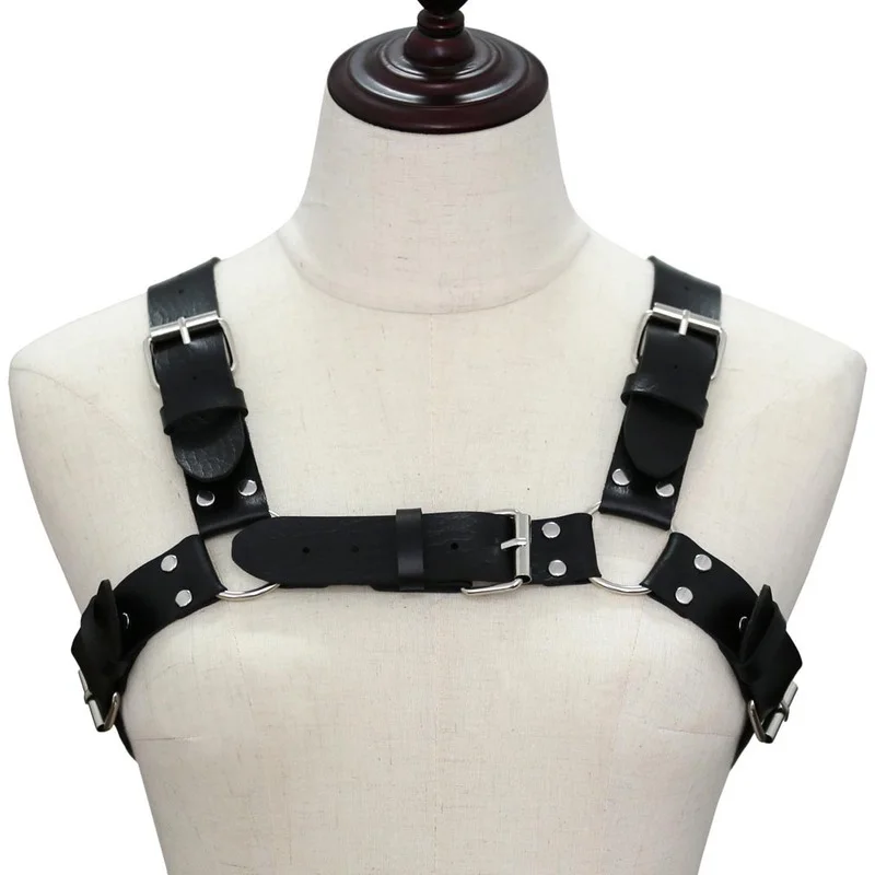 

Mannen Sexy Punk Borst Harnas Verstelbare Gekooide Metal Body Chain Pu Leer Choker Verklaring Ketting Party Clubwear