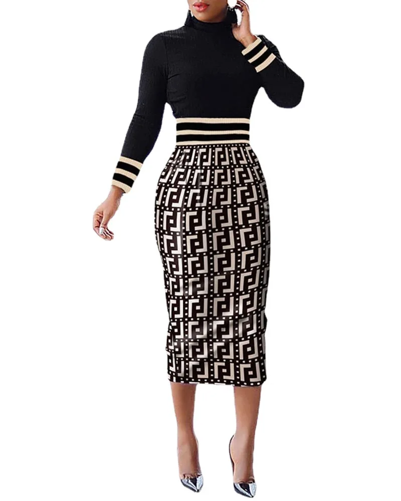

Women Print Dress Half High Collar Full Sleeve Thick Splice Wrapped Long Skirts Office Ladies A Line Dresses 2023 Autumn