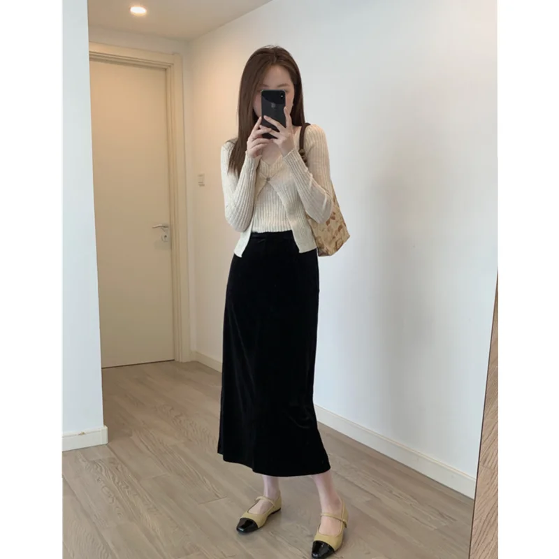 2024 Black Velvet Skirt for Elegant Women Female French Style  
