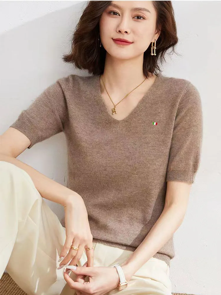 

Женская кашемировая футболка с коротким рукавом и V-образным вырезом