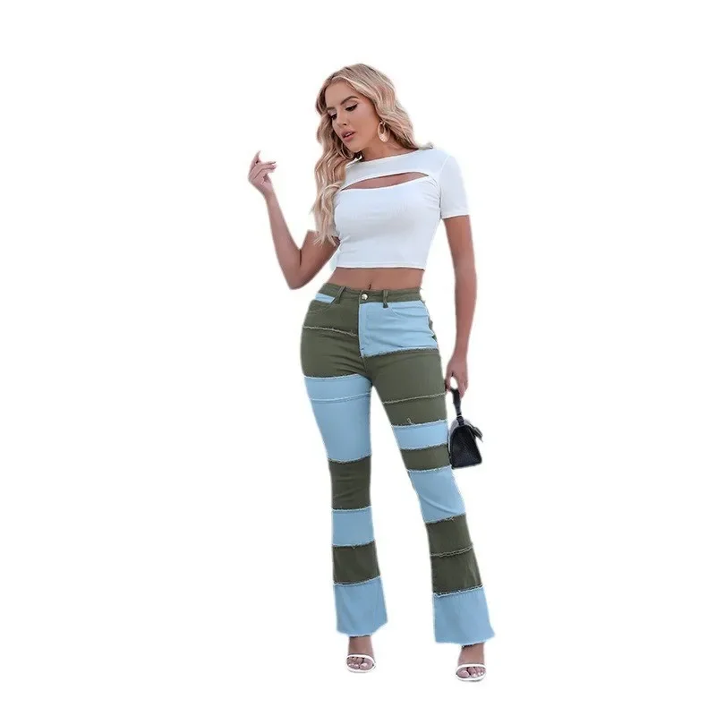 

Women Jeans Wide Leg Pants Denim Washing Flare Pants Loose Fit Pockets Basics Spliced Ankle Length Boot Cut Casual Mid Waist