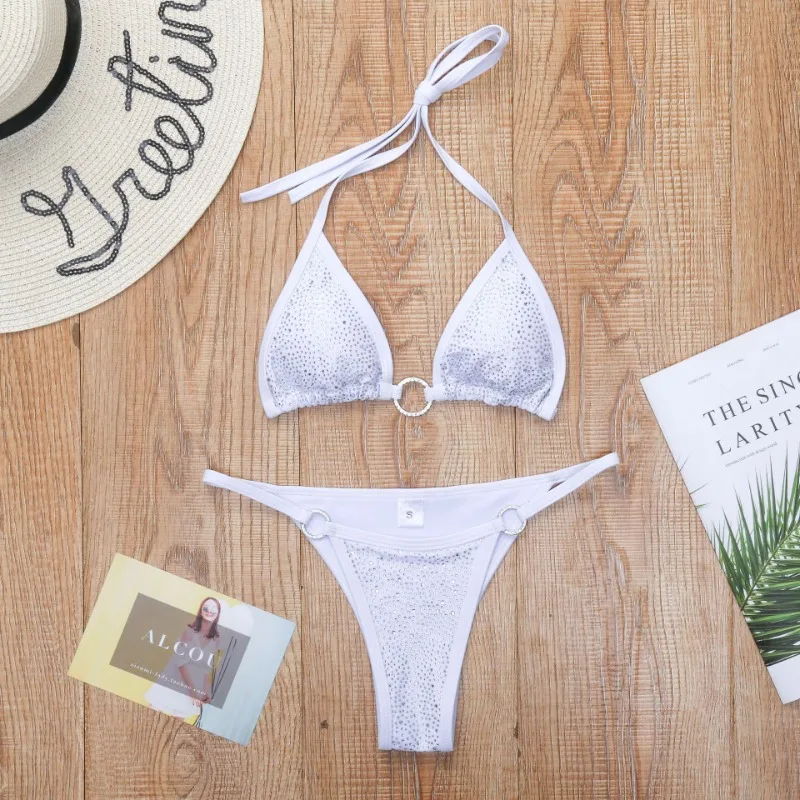 Women's Sparkly Rhinestone Halter Triangle O Ring Top String Thong High Cut Bottom 2 Pieces Bikini Swimsuit Set
