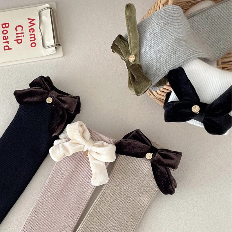 Cute Kids Girls Calf Stockings Retro European Style Bowknot Calf Socks for Toddler Girl Spring Autumn Cotton Kids School Socks