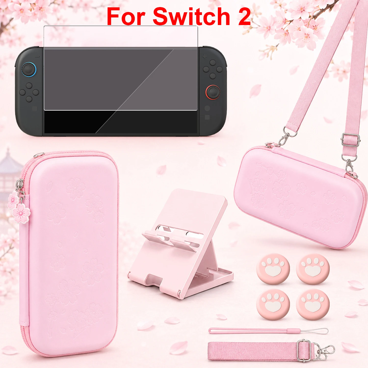 Sakura Pink 8-in-1 Console Accessories Kit with Carry Pouch and Screen Protector