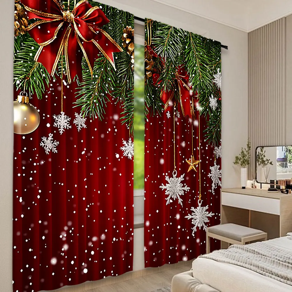 2Pcs Christmas Curtains Classical Pine Tree Snowflakes Red Green Xmas Room Suitable For Living Room Bedroom Kitchen And Bathroom 3