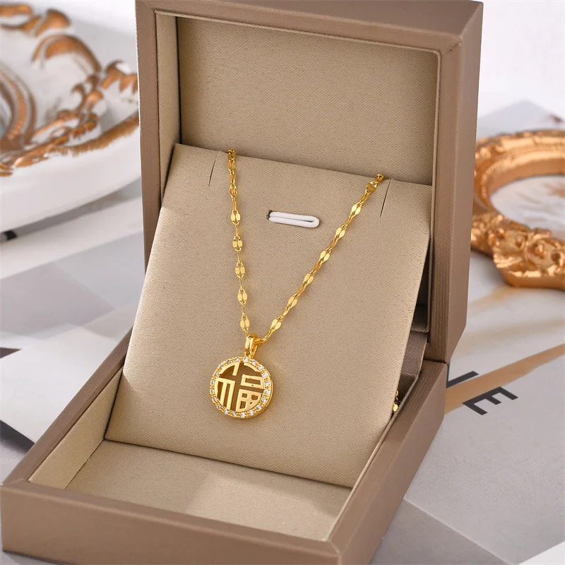 

Hollow out lucky character with full diamond gold pendant, titanium steel necklace, female non fading fashion accessory