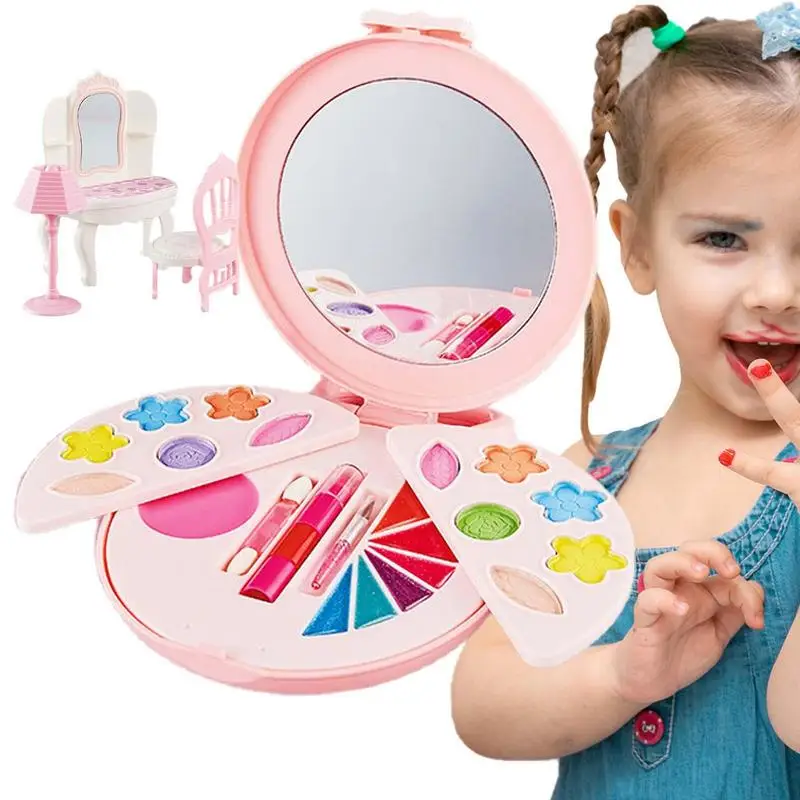 

Kids Makeup Kit For Girl Washable Round Cosmetic Palette With Mirror Girls Beauty Cosmetic Pretend Play Toys For Christmas