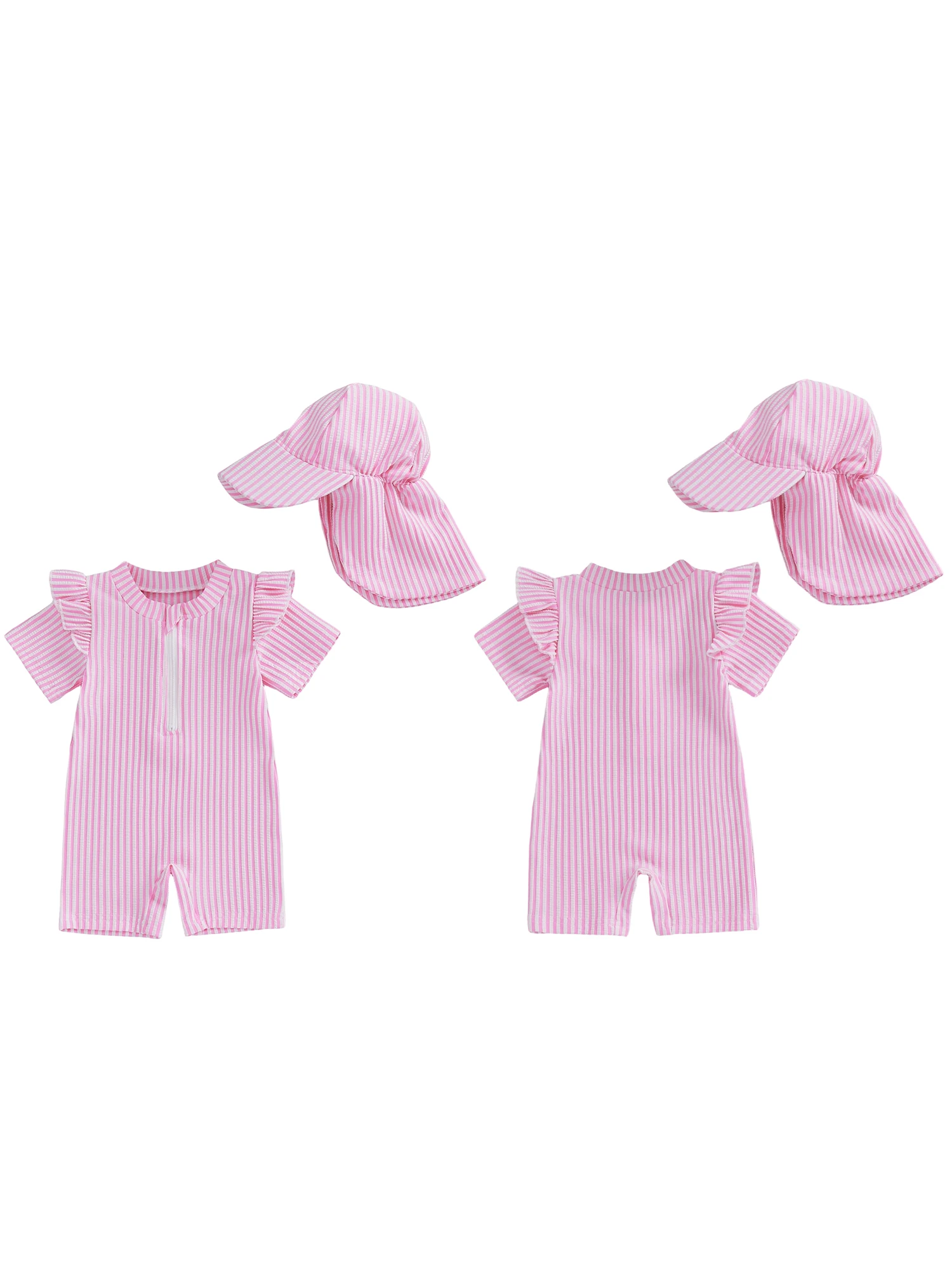 Adorable Infant Girl Swimwear Set with Striped Short Sleeve Rash Guard and Matching Sun Hat - 2 Piece Beach Outfit