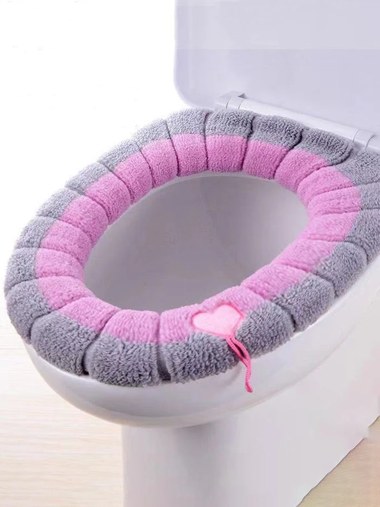 1 Packung genähte, farbige, tragbare gestrickte Toilettenmatte, verdickte, waschbare Frostschutz-Toilettenabdeckung, verdickte gestrickte O-Typ, universell – Detail 6