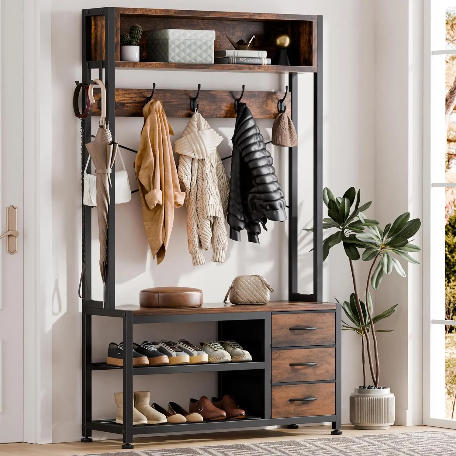 Hall Tree with Bench. Shoe Storage. 31.5" Coat Rack. Freestanding. 2-Tier Shelf. 12 Hooks, 3 Drawers. Rustic Brown.