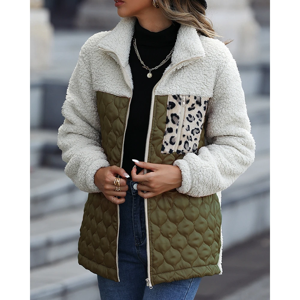 2023 Women Colorblock Leopard Zipper Fly Pocket Fluffy Jackets and Coat Femme Long Sleeve Puffer Elegant Autumn Winter Outfits