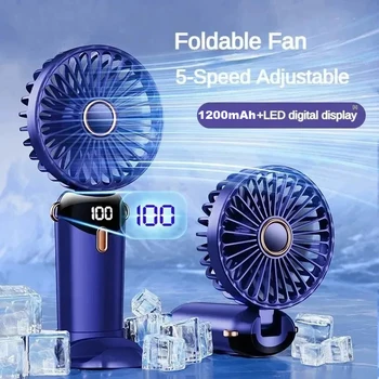 1200mAh Portable Mini USB Fan, Foldable Handheld Rechargeable 5 Speeds with Phone Holder and LED Display 1