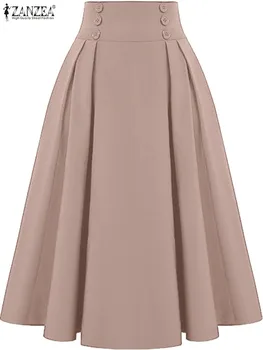 ZANZEA Women Solid Long Skirts Vintage High Waisted Pleating Jupe 2024 Summer Spring A-line Skirts Fashion Buttons Maxi Faldas 1