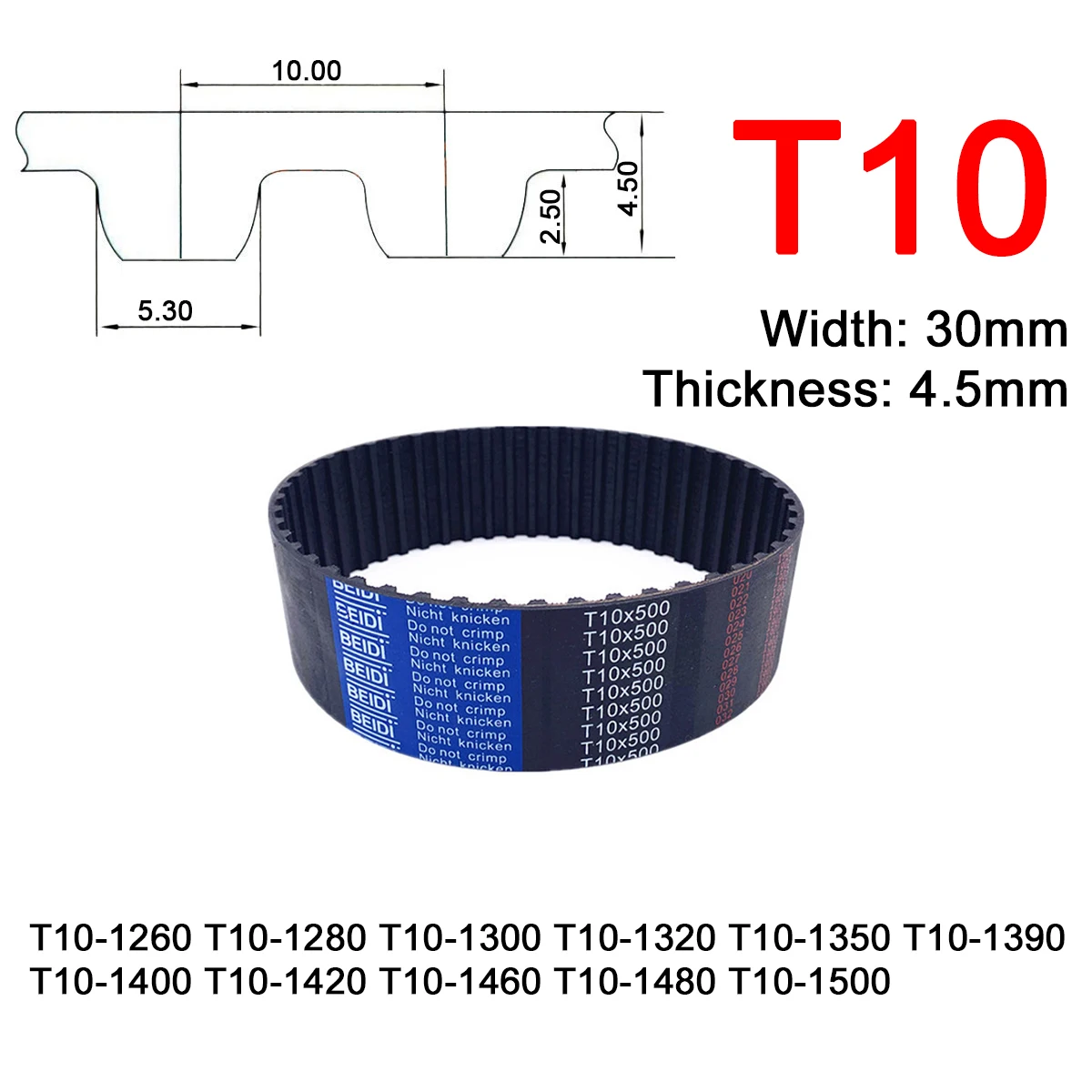

1Pc Width 30mm T10 Rubber Arc Tooth Timing Belt Pitch Length 1260 1280 1300 1320 1350 1390 1400 1420 1460 1480 1500mm Drive Belt