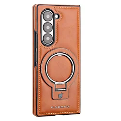 Leather Magnetic Ring Holder Case with Wireless Charging Compatibility and Shockproof Protection for Galaxy Z Fold 4 (Brown)