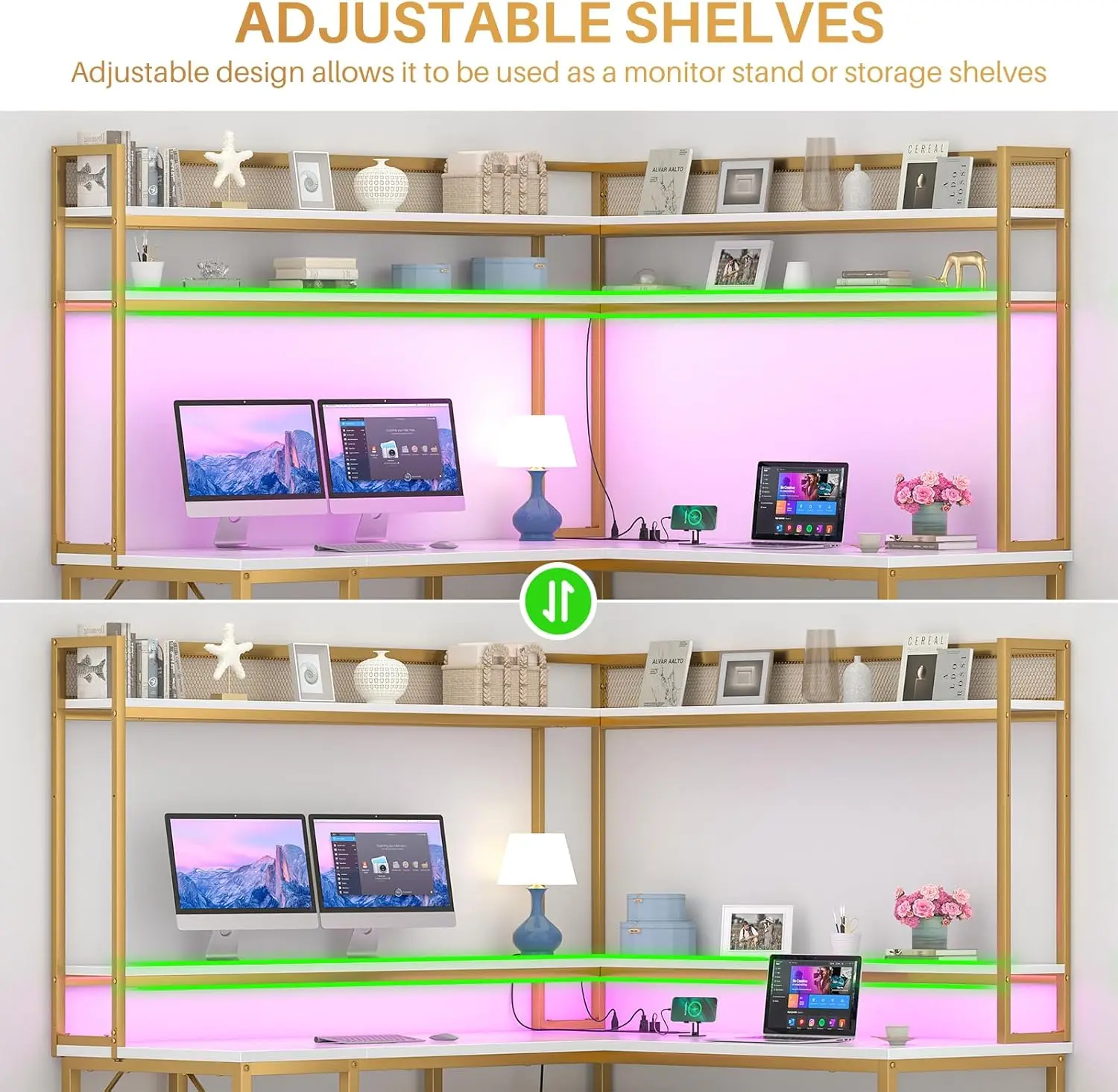 Unikito L Shaped Desk with Power Outlet, Reversible L-Shaped Corner Computer Desk with Storage Shelves & Monitor Stand, Gaming 5